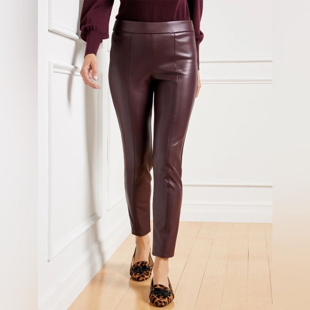 NEW Talbots Faux Leather Leggings Pants Rich Burgundy 12 Petite Minimalist
